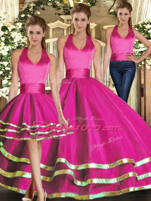 Fuchsia Halter Top Neckline Ruffled Layers Quinceanera Gowns Sleeveless Lace Up