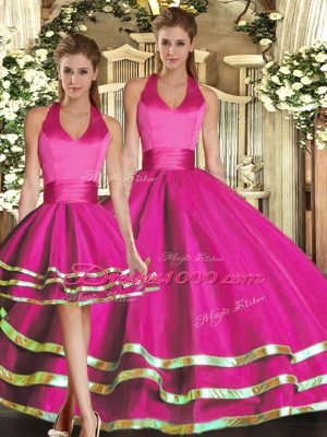 Fuchsia Halter Top Neckline Ruffled Layers Quinceanera Gowns Sleeveless Lace Up