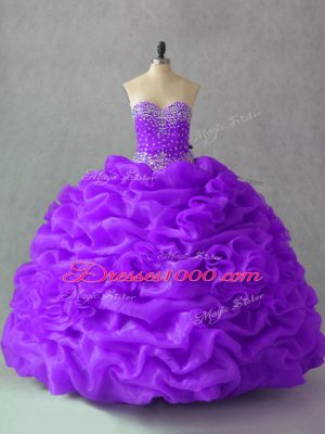 Top Selling Purple Sweetheart Neckline Beading and Pick Ups and Hand Made Flower Quinceanera Gown Sleeveless Lace Up
