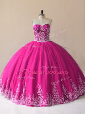 Most Popular Tulle Sweetheart Sleeveless Lace Up Embroidery Ball Gown Prom Dress in Fuchsia