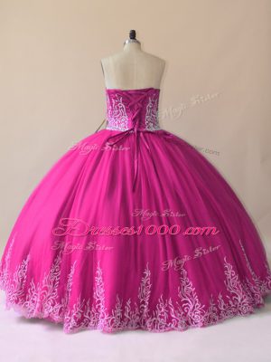 Most Popular Tulle Sweetheart Sleeveless Lace Up Embroidery Ball Gown Prom Dress in Fuchsia