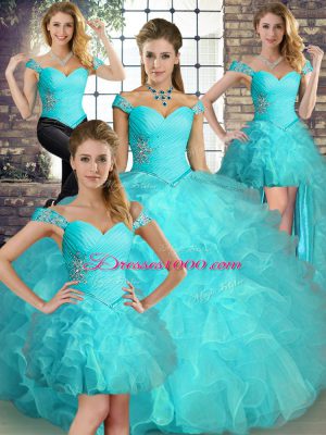 Fancy Aqua Blue Lace Up 15 Quinceanera Dress Beading and Ruffles Sleeveless Floor Length