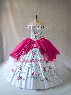 Pink And White Off The Shoulder Lace Up Embroidery and Ruffles Quinceanera Dresses Sleeveless