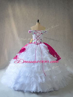 Pink And White Off The Shoulder Lace Up Embroidery and Ruffles Quinceanera Dresses Sleeveless