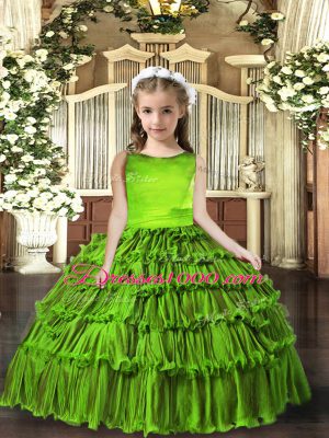 Superior Scoop Sleeveless Girls Pageant Dresses Floor Length Ruffled Layers Olive Green