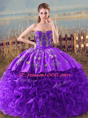 Purple Lace Up Sweet 16 Dresses Embroidery and Ruffles Sleeveless Brush Train