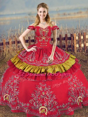 Enchanting Red Sleeveless Embroidery Floor Length Quinceanera Gown