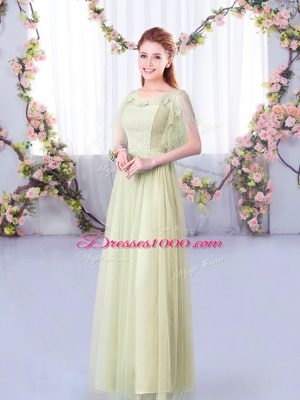 Fashionable Yellow Green Short Sleeves Floor Length Lace and Belt Side Zipper Quinceanera Court of Honor Dress