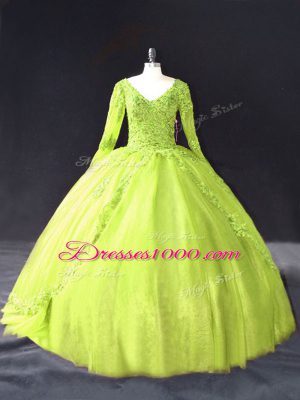 Noble Yellow Green Lace Up 15th Birthday Dress Lace and Appliques Long Sleeves Floor Length