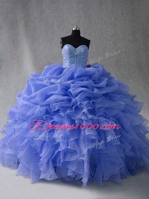 Blue Ball Gowns Beading and Ruffles and Pick Ups Sweet 16 Dress Lace Up Organza Sleeveless Floor Length