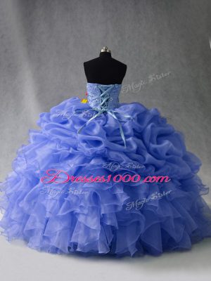 Blue Ball Gowns Beading and Ruffles and Pick Ups Sweet 16 Dress Lace Up Organza Sleeveless Floor Length