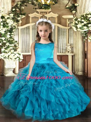 Ball Gowns Little Girl Pageant Dress Blue Scoop Tulle Sleeveless Floor Length Lace Up