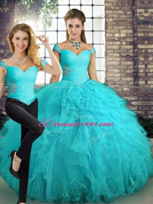 Off The Shoulder Sleeveless Sweet 16 Quinceanera Dress Floor Length Beading and Ruffles Aqua Blue Tulle
