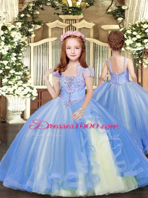 Blue Lace Up Strapless Beading and Ruffles Sweet 16 Quinceanera Dress Tulle Sleeveless