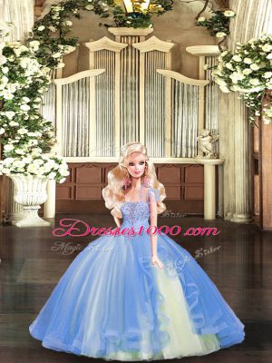 Blue Lace Up Strapless Beading and Ruffles Sweet 16 Quinceanera Dress Tulle Sleeveless