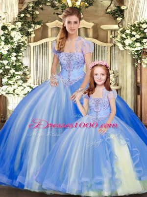 Blue Lace Up Strapless Beading and Ruffles Sweet 16 Quinceanera Dress Tulle Sleeveless