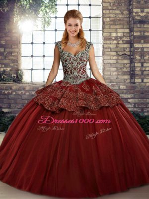 Wine Red Ball Gowns Tulle Straps Sleeveless Beading and Appliques Floor Length Lace Up Sweet 16 Dress