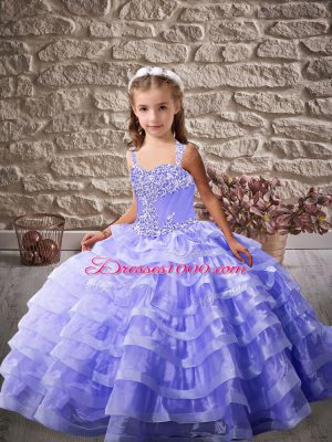 Nice Lavender Sleeveless Floor Length Ruffled Layers Lace Up Child Pageant Dress