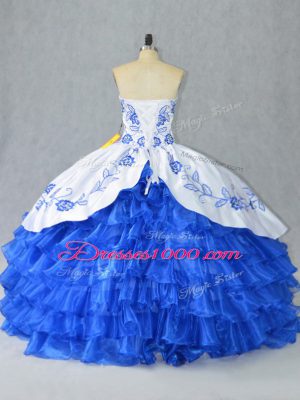 Clearance Blue And White Ball Gowns Sweetheart Sleeveless Satin and Organza Floor Length Lace Up Embroidery and Ruffled Layers Ball Gown Prom Dress