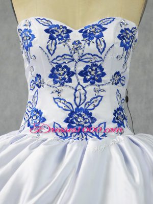 Clearance Blue And White Ball Gowns Sweetheart Sleeveless Satin and Organza Floor Length Lace Up Embroidery and Ruffled Layers Ball Gown Prom Dress