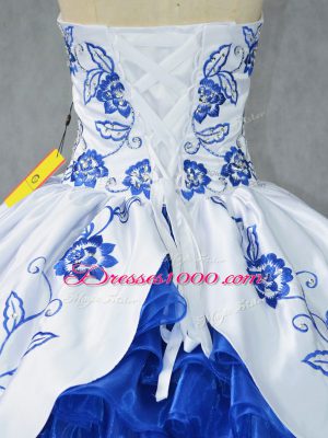 Clearance Blue And White Ball Gowns Sweetheart Sleeveless Satin and Organza Floor Length Lace Up Embroidery and Ruffled Layers Ball Gown Prom Dress