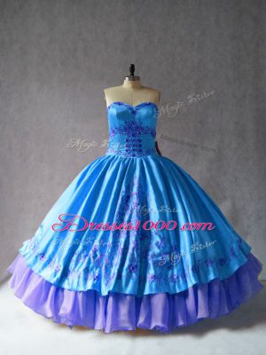 Luxury Sweetheart Sleeveless Quinceanera Dresses Floor Length Embroidery Blue Satin and Organza