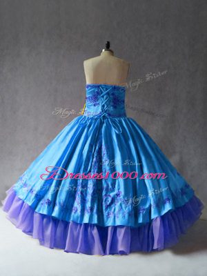 Luxury Sweetheart Sleeveless Quinceanera Dresses Floor Length Embroidery Blue Satin and Organza