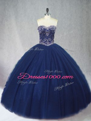 Navy Blue Lace Up Sweetheart Beading Quinceanera Dress Tulle Sleeveless