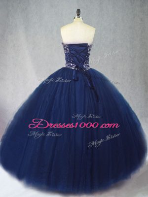 Navy Blue Lace Up Sweetheart Beading Quinceanera Dress Tulle Sleeveless