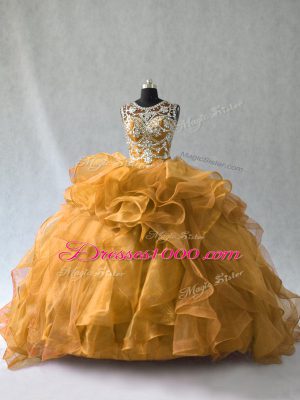 Low Price Gold Scoop Neckline Beading and Ruffles 15 Quinceanera Dress Sleeveless Lace Up