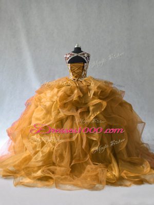 Low Price Gold Scoop Neckline Beading and Ruffles 15 Quinceanera Dress Sleeveless Lace Up