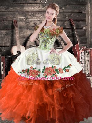 Eye-catching Floor Length Rust Red Ball Gown Prom Dress Off The Shoulder Sleeveless Lace Up
