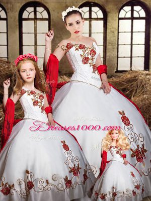 White And Red One Shoulder Neckline Beading and Embroidery Sweet 16 Dress Sleeveless Lace Up