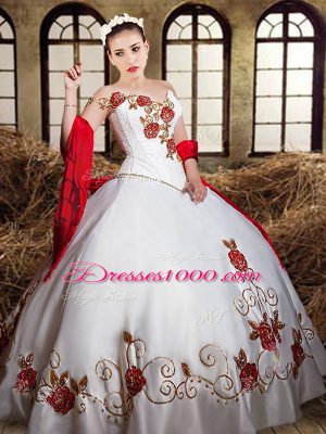 White And Red One Shoulder Neckline Beading and Embroidery Sweet 16 Dress Sleeveless Lace Up