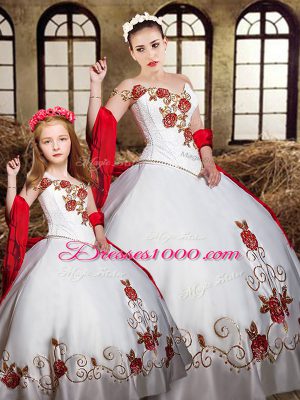 White And Red One Shoulder Neckline Beading and Embroidery Sweet 16 Dress Sleeveless Lace Up