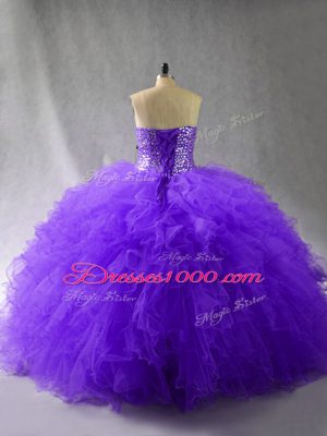 Lovely Sweetheart Sleeveless Tulle Quince Ball Gowns Beading and Ruffles Lace Up