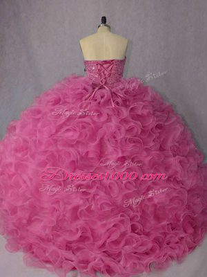 Captivating Halter Top Sleeveless Vestidos de Quinceanera Brush Train Beading and Ruffles Rose Pink Organza