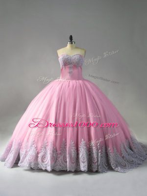 Pink Sweetheart Neckline Beading and Appliques Sweet 16 Quinceanera Dress Sleeveless Lace Up