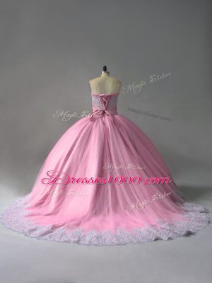 Pink Sweetheart Neckline Beading and Appliques Sweet 16 Quinceanera Dress Sleeveless Lace Up