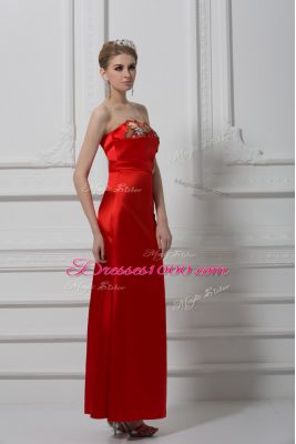 Graceful Red Satin Lace Up Teens Party Dress Sleeveless Ankle Length Beading and Appliques