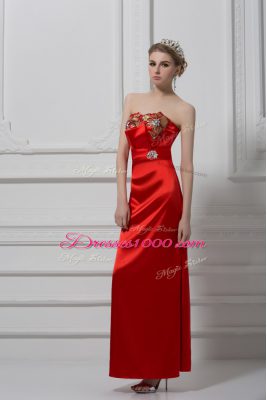 Graceful Red Satin Lace Up Teens Party Dress Sleeveless Ankle Length Beading and Appliques