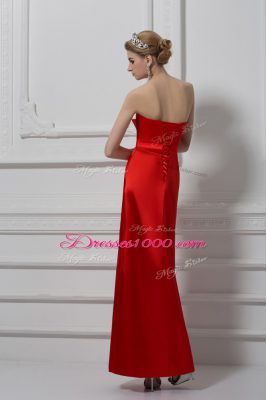 Graceful Red Satin Lace Up Teens Party Dress Sleeveless Ankle Length Beading and Appliques