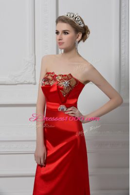 Graceful Red Satin Lace Up Teens Party Dress Sleeveless Ankle Length Beading and Appliques