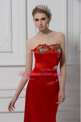 Graceful Red Satin Lace Up Teens Party Dress Sleeveless Ankle Length Beading and Appliques