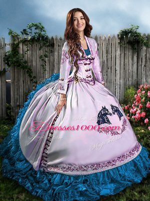 Attractive Blue And White Ball Gowns Embroidery Sweet 16 Dresses Lace Up Satin Sleeveless Floor Length