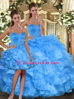 Sweetheart Sleeveless Quinceanera Dresses Floor Length Ruffles Baby Blue Organza