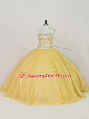 Floor Length Ball Gowns Sleeveless Gold Ball Gown Prom Dress Lace Up