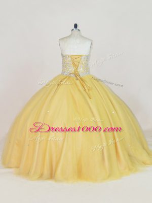 Floor Length Ball Gowns Sleeveless Gold Ball Gown Prom Dress Lace Up