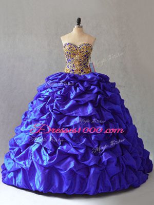 Royal Blue Sleeveless Taffeta Brush Train Lace Up 15 Quinceanera Dress for Sweet 16 and Quinceanera