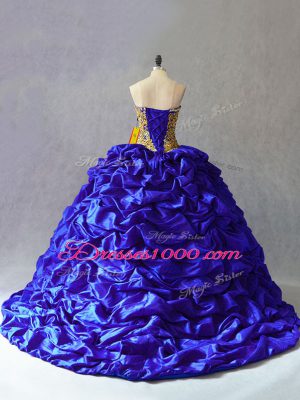 Royal Blue Sleeveless Taffeta Brush Train Lace Up 15 Quinceanera Dress for Sweet 16 and Quinceanera